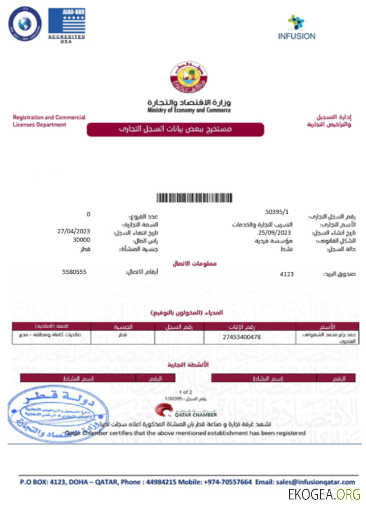 Certificat d'enregistrement et licence commerciale du Qatar Modèle Word et PDF